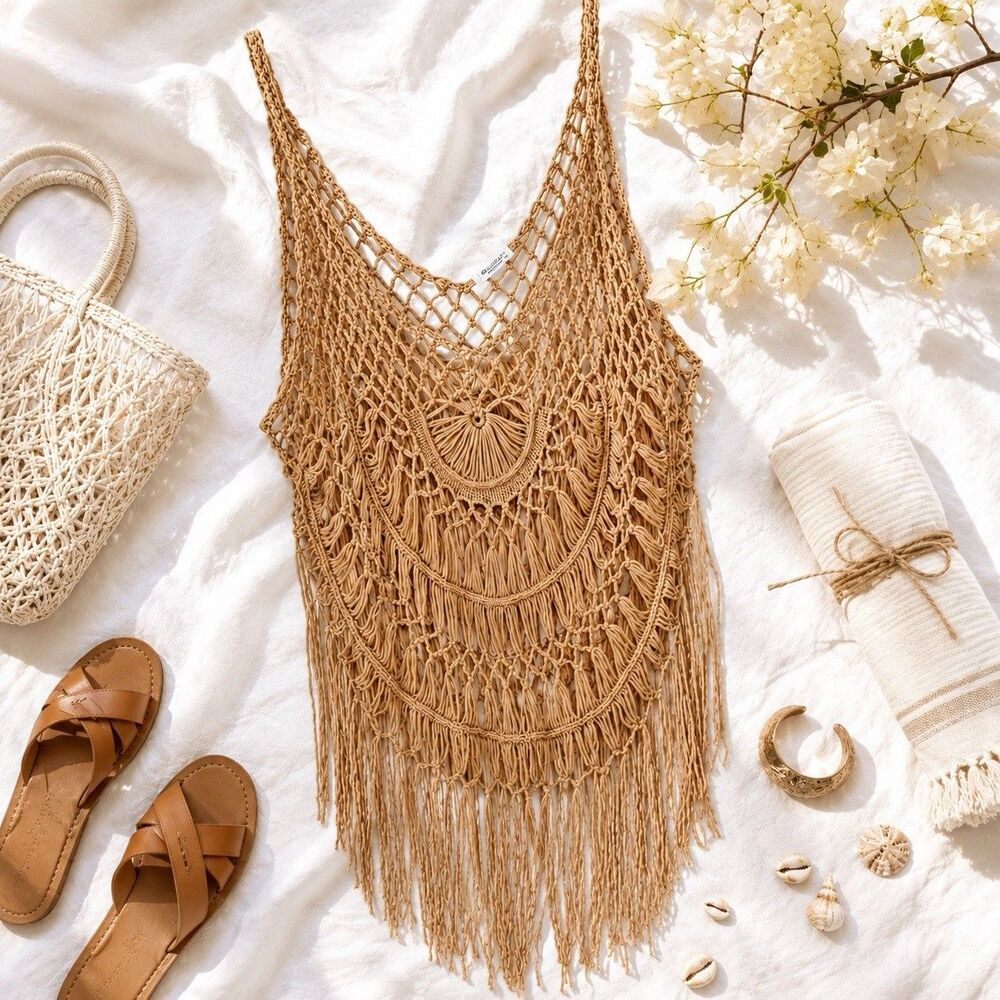 Ekouaer Tan Crochet Fringe Swim Cover Up Boho Tank Top Plus Size 3X